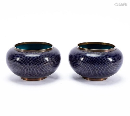 PAIR, CHINESE COBALT FISH SCALE CLOISONNE BOWLS