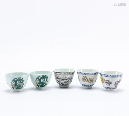 FIVE SMALL CHINESE CUPS, TWO PAIRS & SINGLE