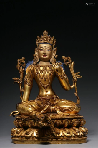 Qing Dynasty - Gilt Bronze Green Tara Sitting Figure