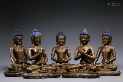Qing Dynasty - Bronze Silver Inlaid Five Buddha Sitting