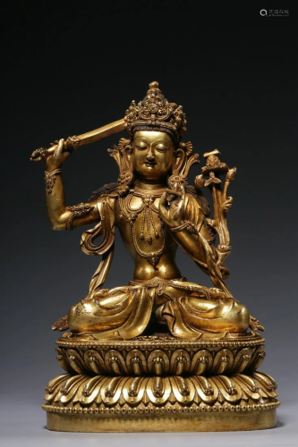 Qing Dynasty - Gilt Bronze Manjusri Sitting Figure