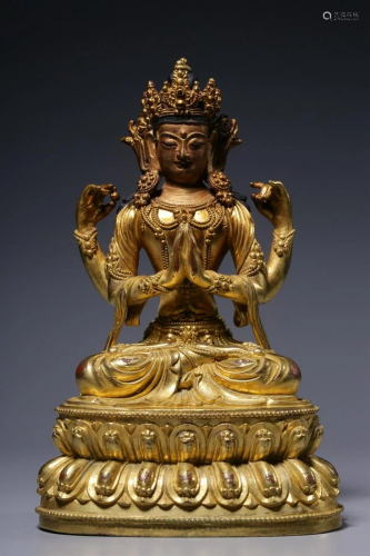Qing Dynasty - Gilt Bronze Four Arms Avalokitesvara