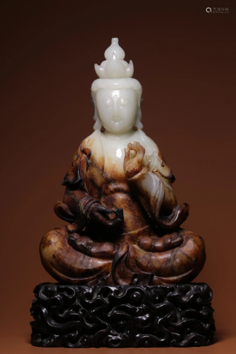 Hetian Jade With Russet Avalokitesvara Sitting Figure