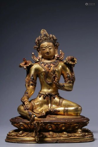 Qing Dynasty - Gilt Bronze Gems Embedded Tara Sitting