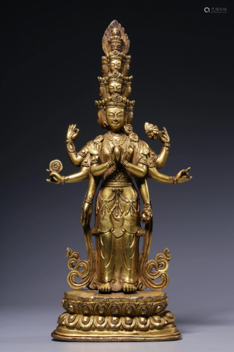 Qing Dynasty - Gilt Bronze Eight Arms Eleven Faces