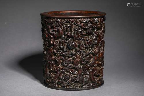 Sandalwood Twin-Dragon Brush Pot