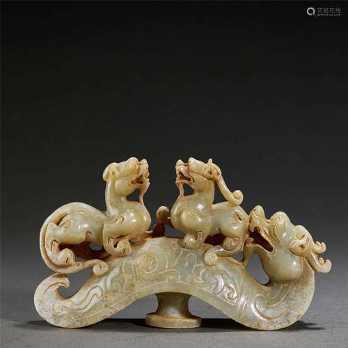 Carved Brownish Jade Twin-Beast Belt Hook