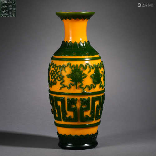 Green Overlay Yellow Glass Eight Treasures Vase
