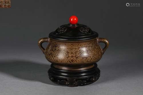 Gold Inlaying Bronze Double-Eared Incense Burner And Cover