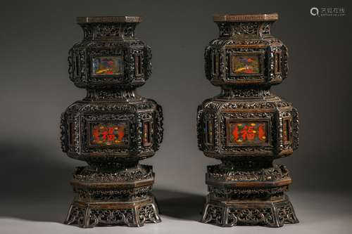 Pair Of Sandalwood Imperial Court Lamps