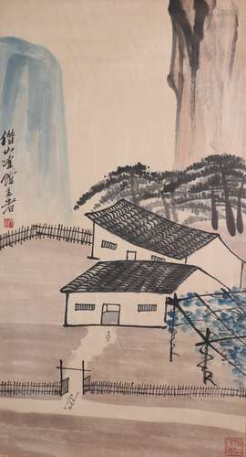 Chinese Country Living Painting Scroll, Qi Baishi Mark