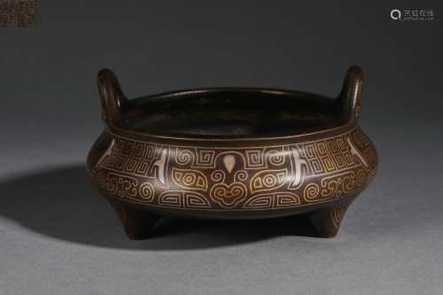 Gold And Silver Inlaying Bronze Tripod Censer