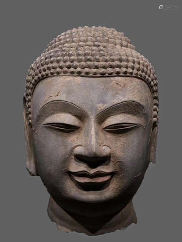 Carved Grey Stone Head Of Buddha