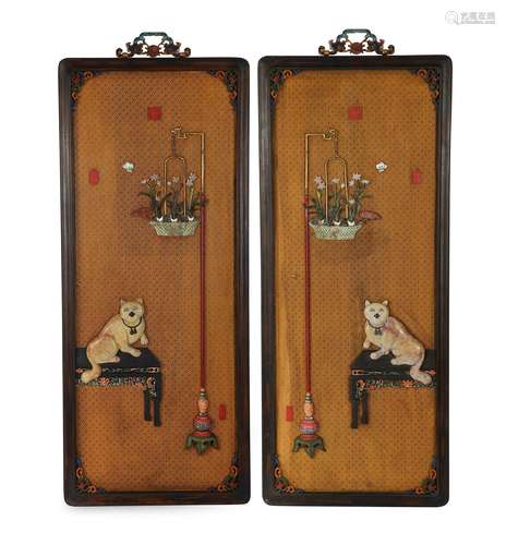 Pair Of Hard Stone Inlaying Hound Hanging Screens