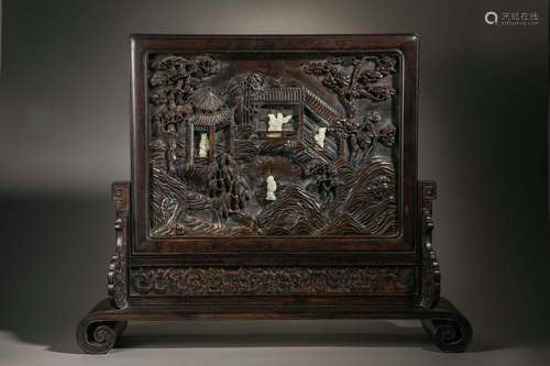 Jade Inlaid Sandalwood Landscape And Figure Table Screen