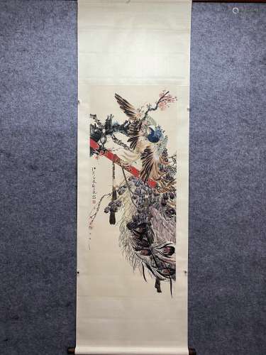 Chines Flower And Bird Painting Scroll, Zheng Naiguang Mark