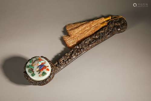 Hardstone Inlaid Sandalwood Ruyi Scepter