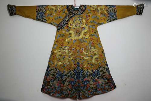 Embroidered Yellow Satin Dragon Robe - Qing Dyn. Qianlong Pe...