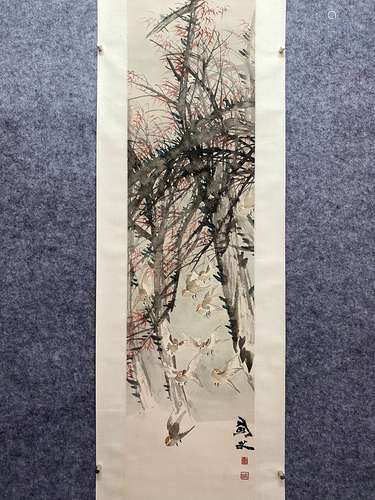 Chinese Flower And Bird Painting Scroll, Gao Jianfu Mark