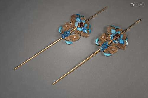 Two Cloisonne Enamel Filigree Hairpins