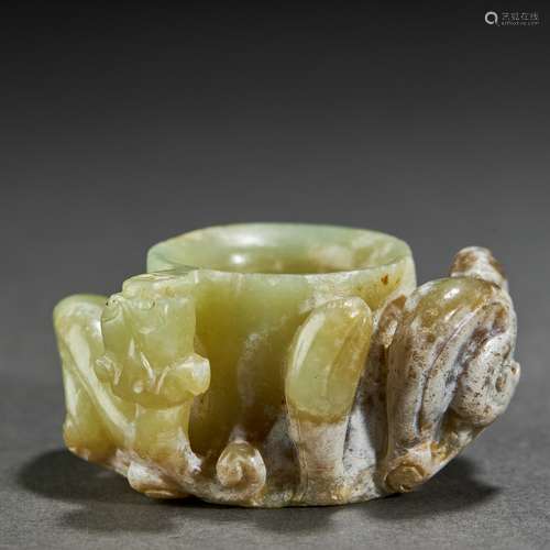 Carved Celadon And Brownish Jade Dragon Ornament