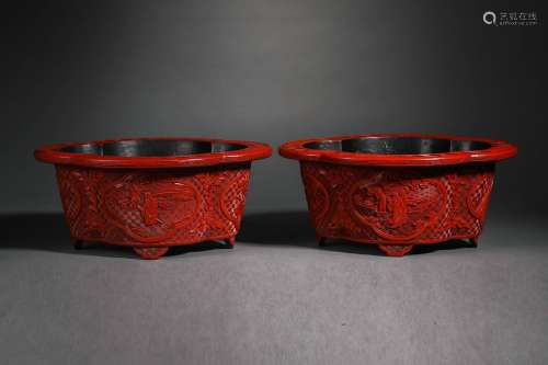 Pair Of Carved Cinnabar Lacquer Figure Jardinieres