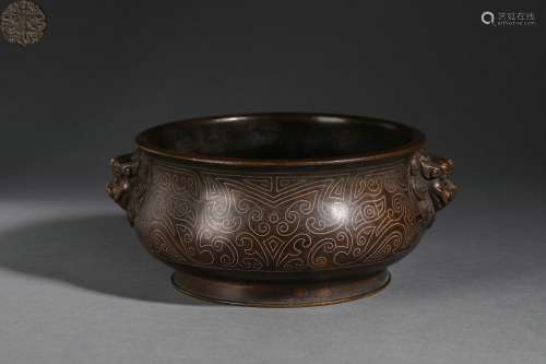 Silver Inlaying Bronze Double Lion-Eared Censer