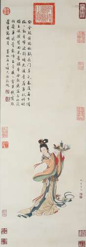 Chinese Lady Painting And Calligraphy Scroll, Qui Ying Mark