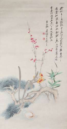 Chines Flower Painting And Poem Inscription Scroll, Zhang Da...