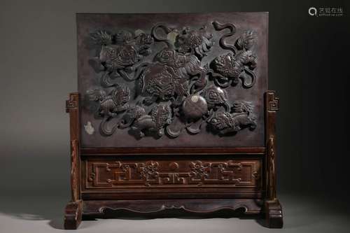 Purple Duan Stone Lion Table Screen