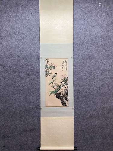 Chines Flower And Bird Painting Scroll, Yan Bolong Mark