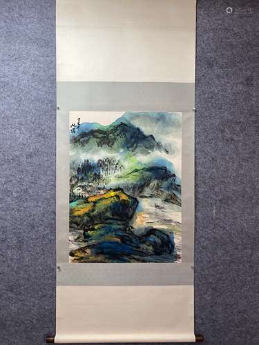 Chines Landscape Painting Scroll, Zhu Yizhan Mark