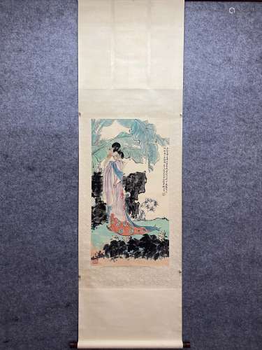 Chinese Figure And Plantain Painting Scroll, Liu Danzhai Mar...