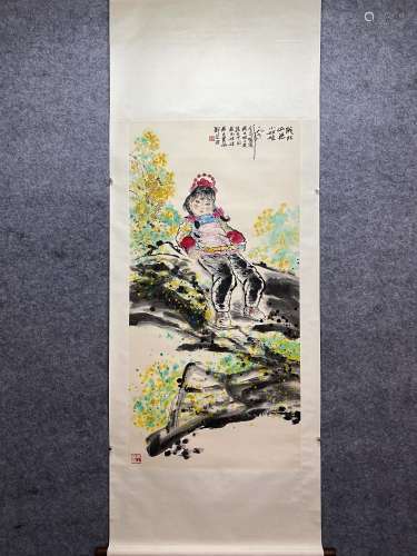 Chinese Figure Painting Scroll, Liu Wenxi Mark