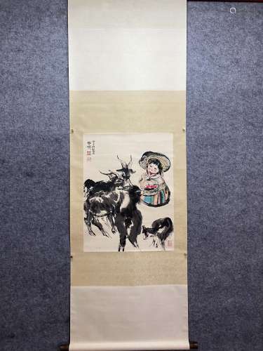 Chinese Figure And Donkey Painting Scroll, Cheng Shifa Mark