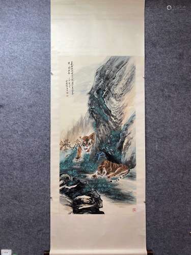 Chines Tiger Painting Scroll, Zhang Shanzi Mark