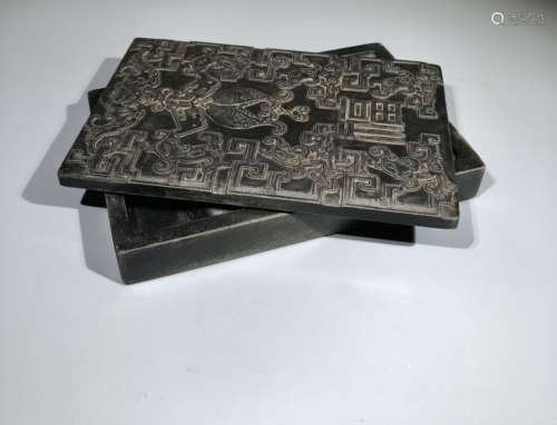 A Inkstone Carved Double Fish And Bat On Cover