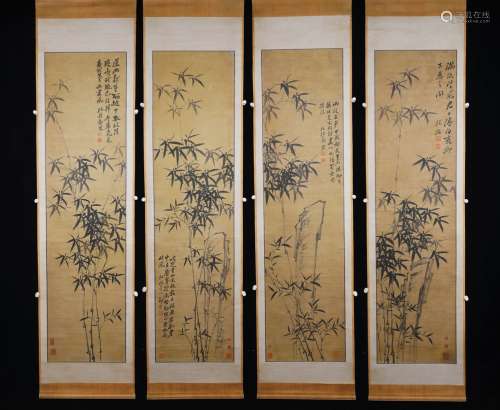 A Four Of Panel Bamboo Chinese Painting Mark Zheng Banqiao
