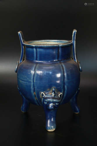 A Blue Glazed Three Legged Porcelain Incense Burner
