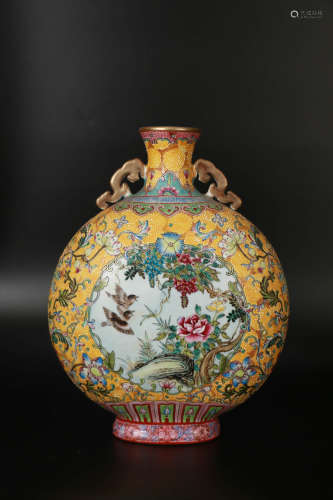 A Famille Rose Flower And Bird Pattern Porcelain Moon Flask