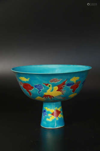 A Blue Base With Colorful Crane Pattern Porcelain Goblet