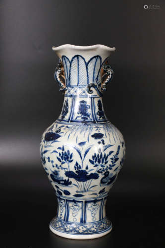 A Blue And White Mandarin Duck Lotus Pattern Porcelain Bottl...
