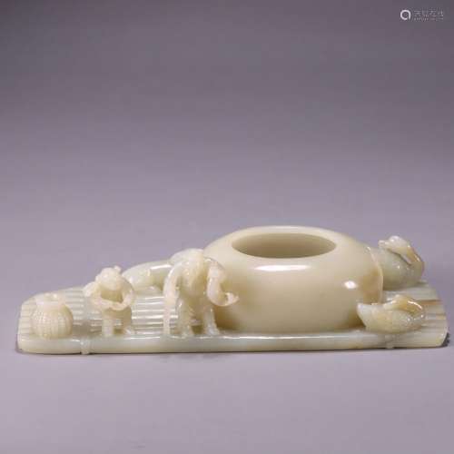 A Carved White Jade Boat Figures And Boat Ornament