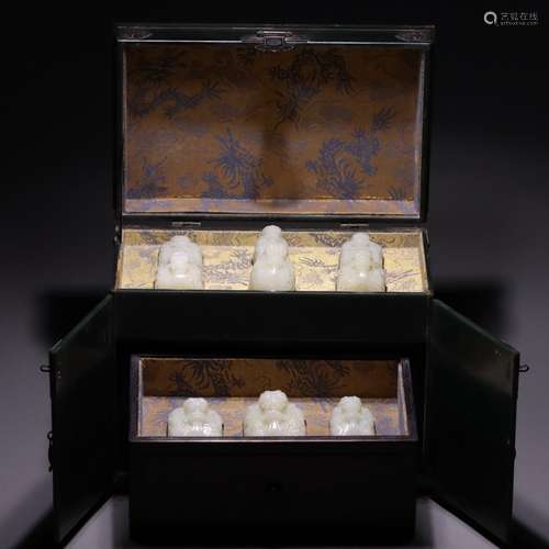 A Set Of White Jade Seals In Treasure Box