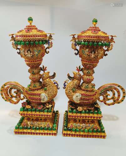 A Pair Of Two Gilt Phoenixes