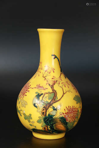 A Yellow Base Flower And Birds Porcelain Vase