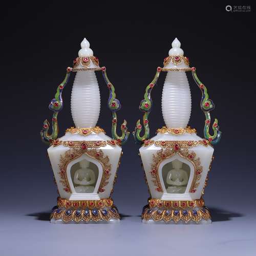 A Pair Two Jade Carved Pagoda