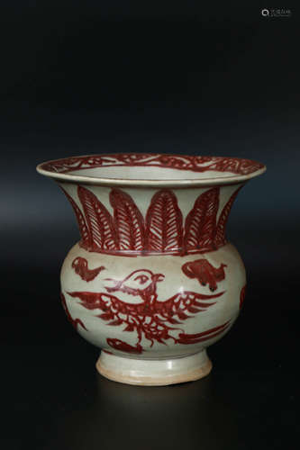 A Red Glazed Phoenix Pattern Porelain Bucket