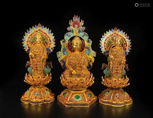 A Set Of Three Gilt Feiligree Buddha Statues