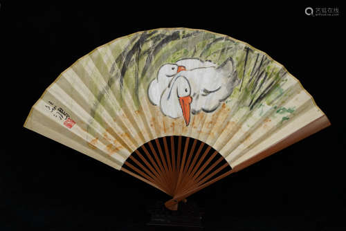 A Chinese White Goose Painting Paper Fan Mark Qi Baishi